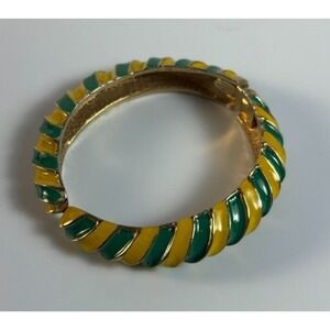 Les Bernard Bangle Bracelet Green Yellow Enamel Ribbed Hinge Vintage Statement